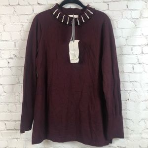 NWT Magnolia Grace Aubrie Pearl Collar Maroon Sweater Lg